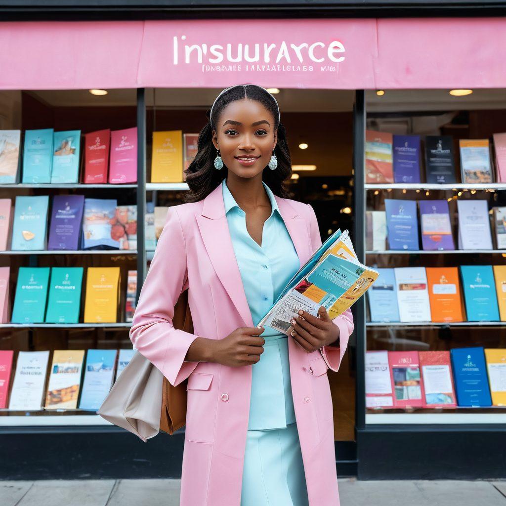 A stylish modest fashionista showcasing a blend of chic outfits while standing proudly beneath an array of colorful insurance policy brochures fluttering in a gentle breeze. The background features a modern boutique storefront with soft pastel colors, and the model is adorned with elegant accessories that reflect modesty and grace. Emphasize the warmth and empowerment in her expression. super-realistic. vibrant colors. soft focus.