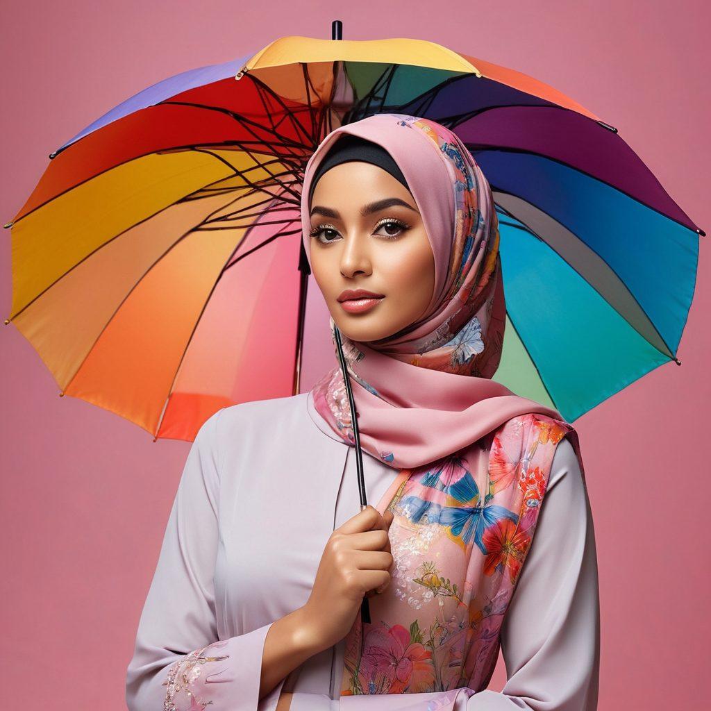 A woman in a beautifully styled hijab, surrounded by various fashionable hijab designs and colors, standing confidently while holding an umbrella with artistic insurance policy graphics. A soothing background with soft, pastel colors, symbolizing protection and style. The scene conveys the concept of safeguarding personal fashion in an elegant way. super-realistic. vibrant colors. minimalistic background.