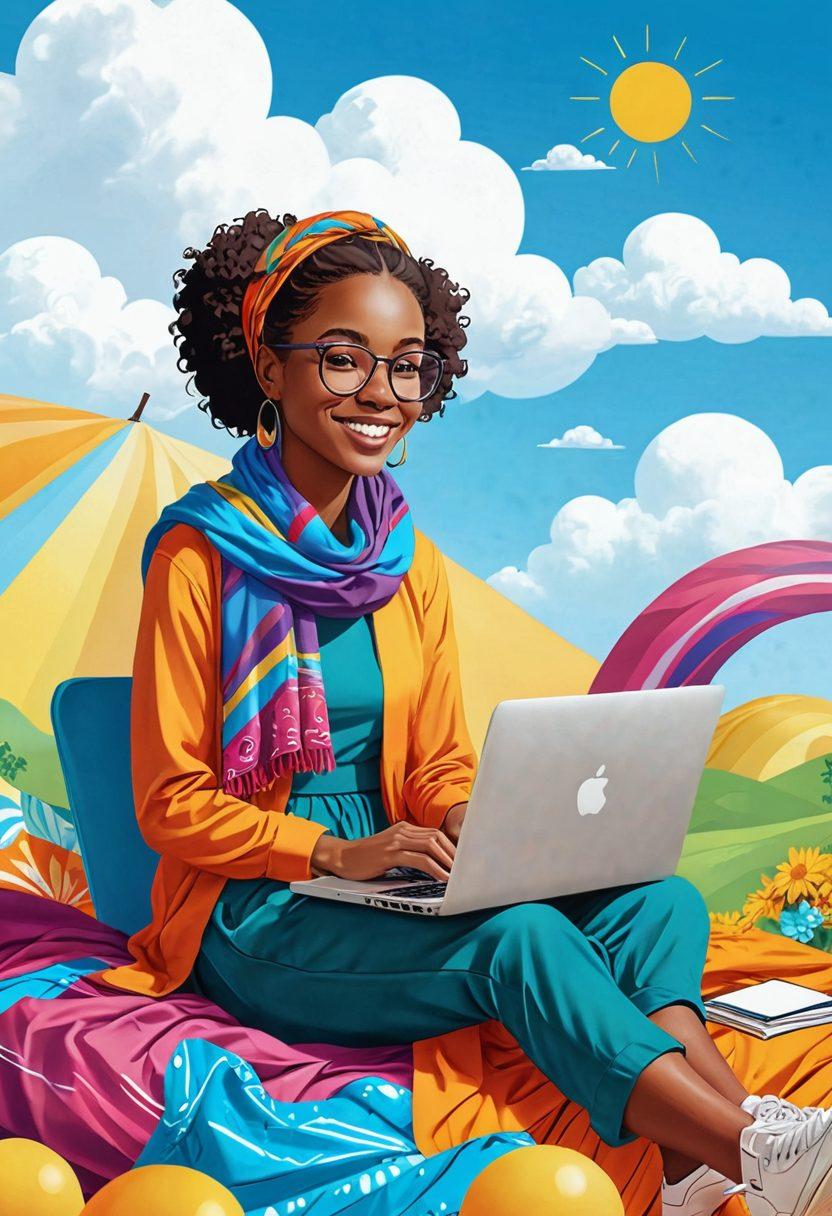 A whimsical illustration featuring a friendly cartoon character using a laptop, surrounded by colorful modest apparel clothing items like dresses and scarves. The character is exploring online insurance options with thought bubbles showcasing affordable coverage plans. The background includes a playful landscape of clouds and sunshine, symbolizing a secure future. Bright and engaging colors enhance the cheerful atmosphere. vector art. vibrant colors. white background.